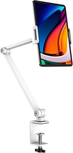 BEWISER Tablet Stand Holder Desk Mount,360°Rotating Flexibly, Angle Adjustable Long Arm, Folding Aluminium Alloy Compatible with4.7-13" Phone or Tablet in Kitchen/Office(White) in Kuwait