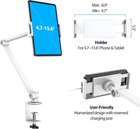 BEWISER Tablet Stand Holder Desk Mount,360°Rotating Flexibly, Angle Adjustable Long Arm, Folding Aluminium Alloy Compatible with4.7-13" Phone or Tablet in Kitchen/Office(White) in Kuwait