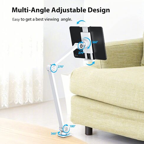 BEWISER Tablet Stand Holder Desk Mount,360°Rotating Flexibly, Angle Adjustable Long Arm, Folding Aluminium Alloy Compatible with4.7-13" Phone or Tablet in Kitchen/Office(White) in Kuwait