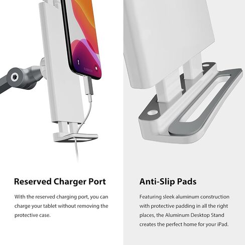 BEWISER Tablet Stand Holder Desk Mount,360°Rotating Flexibly, Angle Adjustable Long Arm, Folding Aluminium Alloy Compatible with4.7-13" Phone or Tablet in Kitchen/Office(White) in Kuwait