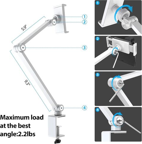 BEWISER Tablet Stand Holder Desk Mount,360°Rotating Flexibly, Angle Adjustable Long Arm, Folding Aluminium Alloy Compatible with4.7-13" Phone or Tablet in Kitchen/Office(White) in Kuwait