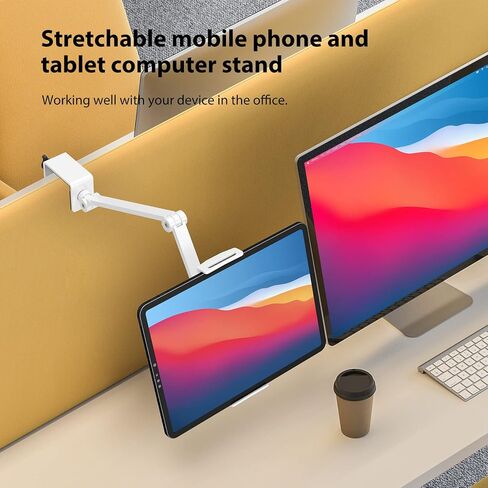 BEWISER Tablet Stand Holder Desk Mount,360°Rotating Flexibly, Angle Adjustable Long Arm, Folding Aluminium Alloy Compatible with4.7-13" Phone or Tablet in Kitchen/Office(White) in Kuwait