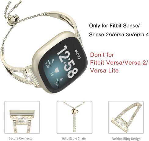 Wearlizer متوافق مع فرق Fitbit Sense / Fitbit Versa 3 Bands / Sense 2 Bands / Versa 4 Bands للنساء، أساور معصم معدنية أنيقة وإكسسوارات حزام بلينغ حجر الراين لـ Versa 3 4/Sense 2 in Kuwait