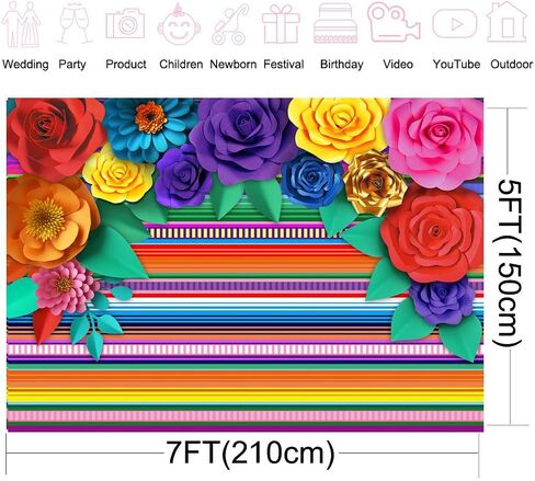 Mexican Theme Party Striped Backdrop Fiesta Cinco De Mayo Paper Flowers Background Party Decoration for Cake Table Decor Photo Booth 5X3FT 071 in Kuwait