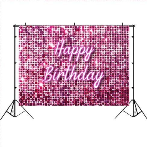 Lofaris Pink Flash Square Backdrop for Photography Happy Birthday Shinning Sequin Wall Panels Shimmer Wall Sweet 16 Girl Woman 20th 30th 40th Party Background Decorations Photo Studio Props 5x3ft in Kuwait