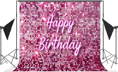 Lofaris Pink Flash Square Backdrop for Photography Happy Birthday Shinning Sequin Wall Panels Shimmer Wall Sweet 16 Girl Woman 20th 30th 40th Party Background Decorations Photo Studio Props 5x3ft in Kuwait
