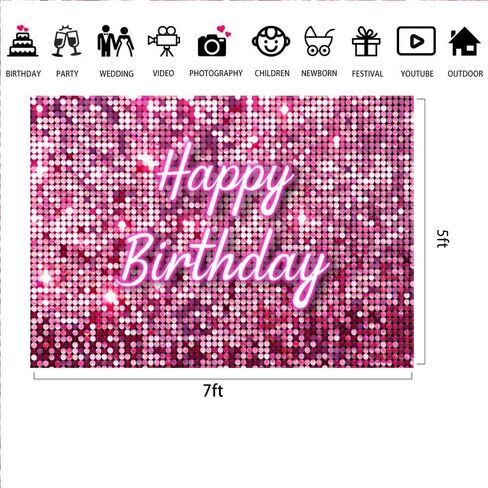 Lofaris Pink Flash Square Backdrop for Photography Happy Birthday Shinning Sequin Wall Panels Shimmer Wall Sweet 16 Girl Woman 20th 30th 40th Party Background Decorations Photo Studio Props 5x3ft in Kuwait