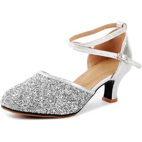 OCHENTA Women's Sequined Leather Pointed Toe Kitten Heel Latin Ballroom Dance Shoes