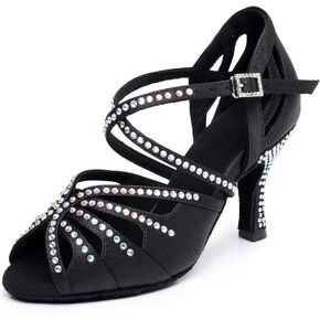 Ballroom Dance Shoes For Women – Salsa Latin Dancing Shoes, Professional 3 Inch Ladies Satin Rhinestone Dance Heels, 3＂Mid Heel Suede Sole