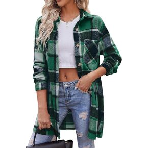 HOTOUCH Womens Flannel Plaid Shacket Jacket Casual Lapel Button Down Tartan Trench Coat Long Sleeve Shirts With Pockets