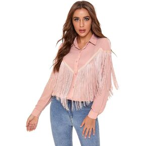 Verdusa Women's Fringe Trim Long Sleeve Button Up Blouse Shirt Top