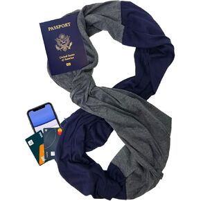 elzama Dual Color Travel Scarf for Women, Infinity Scarves with 2 Hidden Zipper Pockets, Lightweight Neck Wrap Secret Pocket