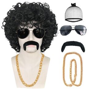 JoneTing 5Pcs Afro Wig 【+Wig Cap +Glasses +Mustache +Necklace】 Short Curly Afro Wigs 70S Outfits For Men Disco Wig 70S Afro Wig 80s Wig For Men Synthetic Wig 80S Costumes Mens Wig For Halloween Party in Kuwait