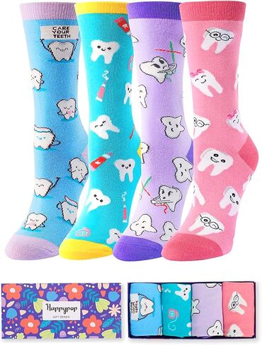 HAPPYPOP Funny Socks Nurse Doctor Teeth Dentist Socks, Novelty Gifts For Dental Assistant In 4 Pack in Kuwait