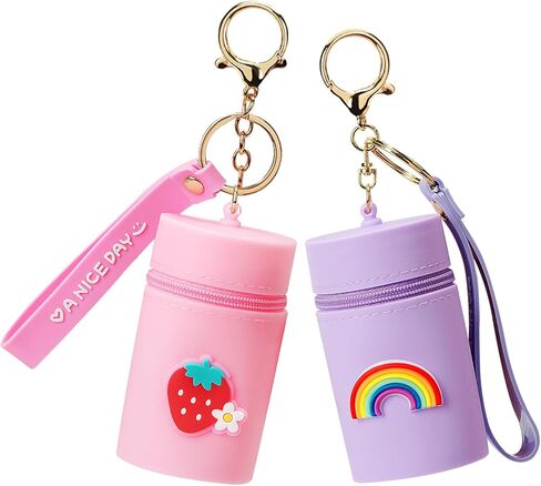 ادريلا قطعتان من سلسلة مفاتيح محفظة عملات معدنية من السيليكون، حقيبة عملات معدنية لطيفة للسفر للاطفال، حافظة احمر شفاه صغيرة محمولة لطلاء الاظافر (قوس قزح وزهور الفراولة) in Kuwait