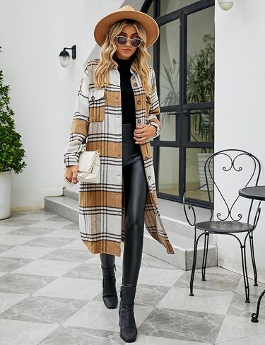 سترة قميص نسائية طويلة منقوشة من Springrain بأكمام طويلة وأزرار سفلية in Kuwait