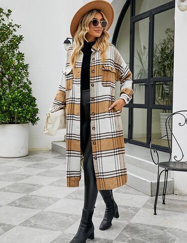 سترة قميص نسائية طويلة منقوشة من Springrain بأكمام طويلة وأزرار سفلية in Kuwait