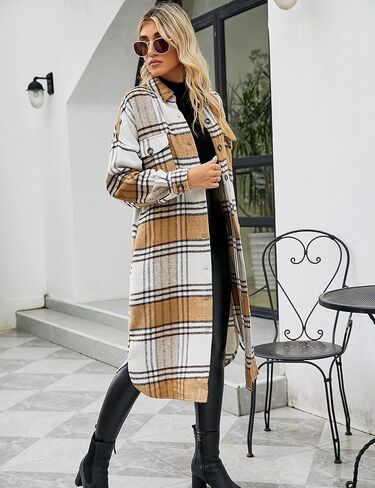 سترة قميص نسائية طويلة منقوشة من Springrain بأكمام طويلة وأزرار سفلية in Kuwait