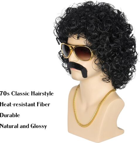 شعر مستعار M MISS U HAIR أسود جيري مجعد مع شارب وقلادة ذهبية للرجال والنساء 70s 80s ديسكو روك زي شعر مستعار للحفلات in Kuwait