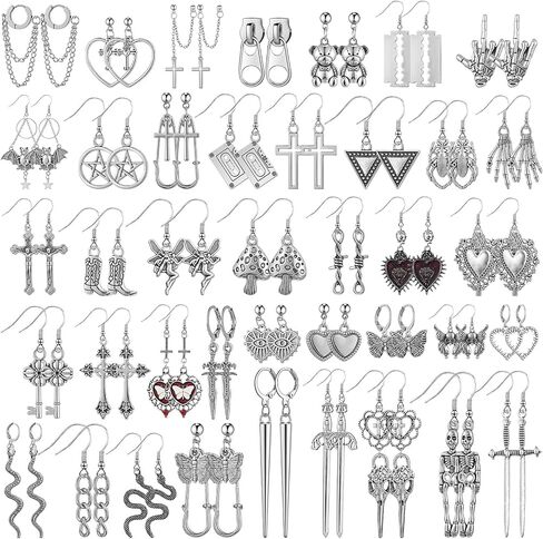 40 Pairs Goth Earrings Set Grunge Punk Rock Dangle Earrings Gothic Y2k Jewelry Silver Bat Cross Snake Skull Earrings for Women Girls in Saudi Arabia