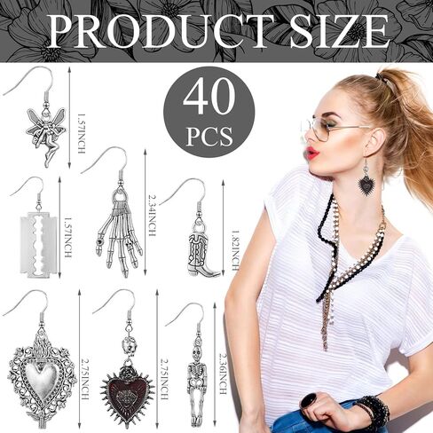 40 Pairs Goth Earrings Set Grunge Punk Rock Dangle Earrings Gothic Y2k Jewelry Silver Bat Cross Snake Skull Earrings for Women Girls in Saudi Arabia