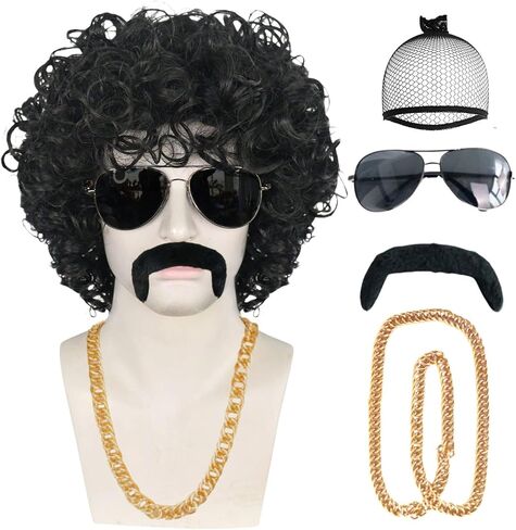 JoneTing 5Pcs Afro Wig 【+Wig Cap +Glasses +Mustache +Necklace】 Short Curly Afro Wigs 70S Outfits For Men Disco Wig 70S Afro Wig 80s Wig For Men Synthetic Wig 80S Costumes Mens Wig For Halloween Party in Saudi Arabia