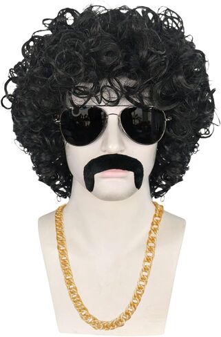 JoneTing 5Pcs Afro Wig 【+Wig Cap +Glasses +Mustache +Necklace】 Short Curly Afro Wigs 70S Outfits For Men Disco Wig 70S Afro Wig 80s Wig For Men Synthetic Wig 80S Costumes Mens Wig For Halloween Party in Saudi Arabia