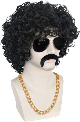 JoneTing 5Pcs Afro Wig 【+Wig Cap +Glasses +Mustache +Necklace】 Short Curly Afro Wigs 70S Outfits For Men Disco Wig 70S Afro Wig 80s Wig For Men Synthetic Wig 80S Costumes Mens Wig For Halloween Party in Saudi Arabia