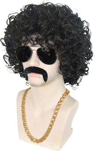 JoneTing 5Pcs Afro Wig 【+Wig Cap +Glasses +Mustache +Necklace】 Short Curly Afro Wigs 70S Outfits For Men Disco Wig 70S Afro Wig 80s Wig For Men Synthetic Wig 80S Costumes Mens Wig For Halloween Party in Saudi Arabia