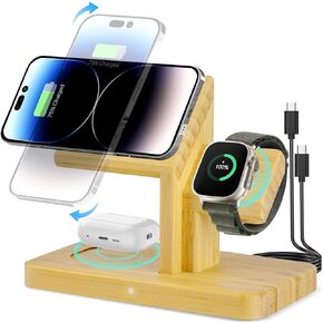 Wireless Charging Station for Apple Devices, 3 in 1 Bamboo Charger Stand, 20W Fast Magnetic Wireless Charger for iPhone 15/14/13/12 Pro/Pro Max/Plus/Mini, AirPods 3/2/Pro, iWatch /7/6/SE/5/4/3/2 in Saudi Arabia