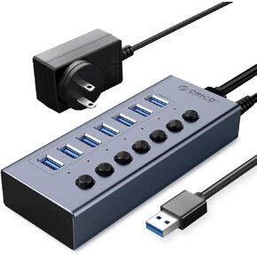 ORICO 7 Port BC 1.2 سبائك الألومنيوم USB3.0 Hub + شحن سريع مع مفاتيح فردية متوافقة مع 7 منافذ USB Data Hub الطاقة الذاتية 12V / 2A (24W) مزود الطاقة BT2U3-7AB رمادي in Kuwait