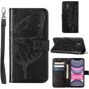 Case for iPhone 11 Wallet,Card Holder [Kickstand][Wrist Strap] Butterfly Floral Embossed for Women PU Leather Flip Protective Cover for iPhone 11 Cases 2021 (Black)