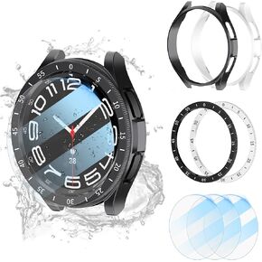 【2+2+3 Pack】Jomitvp Samsung Galaxy Watch 6 47mm Screen Protector and Case Set,Comes with a set of reversible outer rings, anti-fog and anti-scratch tempered glass protective films (47mm, Silver/Black)