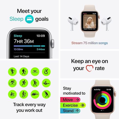 Apple Watch SE مقاس 40 ملم، نظام تحديد المواقع العالمي + هيكل من الألومنيوم باللون الذهبي - سوار رياضي ستارلايت (متجدد) in Saudi Arabia
