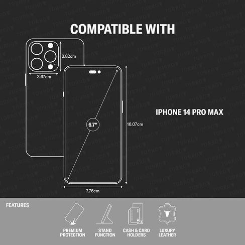 حافظة جلدية TORRO متوافقة مع هاتف iPhone 14 Pro Max - حافظة/غطاء محفظة من الجلد الأصلي مع حامل للبطاقات ووظيفة الحامل (أسود) in Kuwait