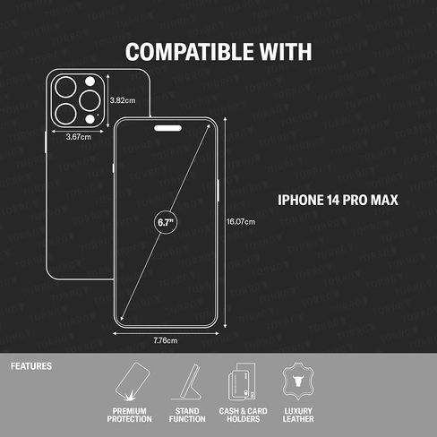 حافظة جلدية TORRO متوافقة مع هاتف iPhone 14 Pro Max - حافظة/غطاء محفظة من الجلد الأصلي مع حامل للبطاقات ووظيفة الحامل (أسود) in Kuwait