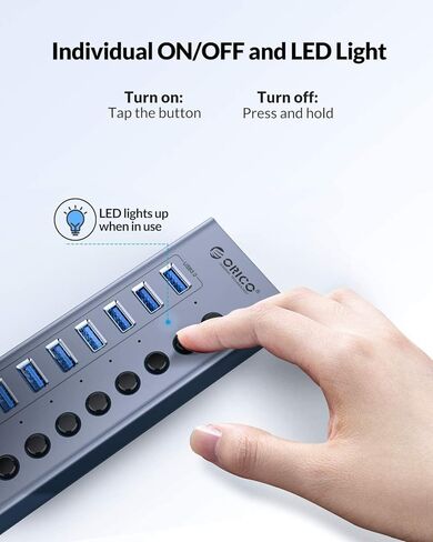 ORICO 7 Port BC 1.2 سبائك الألومنيوم USB3.0 Hub + شحن سريع مع مفاتيح فردية متوافقة مع 7 منافذ USB Data Hub الطاقة الذاتية 12V / 2A (24W) مزود الطاقة BT2U3-7AB رمادي in Kuwait