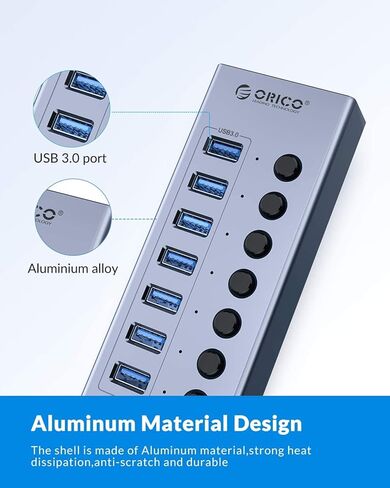ORICO 7 Port BC 1.2 سبائك الألومنيوم USB3.0 Hub + شحن سريع مع مفاتيح فردية متوافقة مع 7 منافذ USB Data Hub الطاقة الذاتية 12V / 2A (24W) مزود الطاقة BT2U3-7AB رمادي in Kuwait