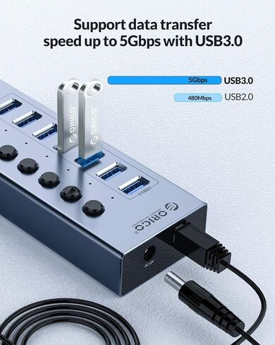 ORICO 7 Port BC 1.2 سبائك الألومنيوم USB3.0 Hub + شحن سريع مع مفاتيح فردية متوافقة مع 7 منافذ USB Data Hub الطاقة الذاتية 12V / 2A (24W) مزود الطاقة BT2U3-7AB رمادي in Kuwait