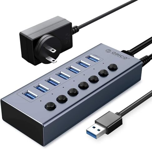 ORICO 7 Port BC 1.2 سبائك الألومنيوم USB3.0 Hub + شحن سريع مع مفاتيح فردية متوافقة مع 7 منافذ USB Data Hub الطاقة الذاتية 12V / 2A (24W) مزود الطاقة BT2U3-7AB رمادي in Kuwait