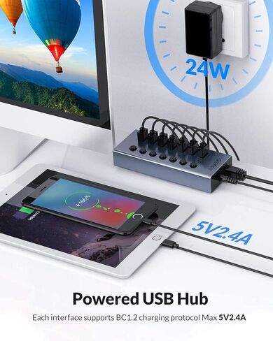 ORICO 7 Port BC 1.2 سبائك الألومنيوم USB3.0 Hub + شحن سريع مع مفاتيح فردية متوافقة مع 7 منافذ USB Data Hub الطاقة الذاتية 12V / 2A (24W) مزود الطاقة BT2U3-7AB رمادي in Kuwait