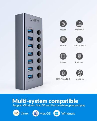 ORICO 7 Port BC 1.2 سبائك الألومنيوم USB3.0 Hub + شحن سريع مع مفاتيح فردية متوافقة مع 7 منافذ USB Data Hub الطاقة الذاتية 12V / 2A (24W) مزود الطاقة BT2U3-7AB رمادي in Kuwait