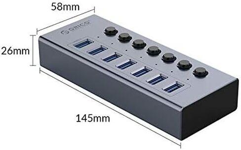 ORICO 7 Port BC 1.2 سبائك الألومنيوم USB3.0 Hub + شحن سريع مع مفاتيح فردية متوافقة مع 7 منافذ USB Data Hub الطاقة الذاتية 12V / 2A (24W) مزود الطاقة BT2U3-7AB رمادي in Kuwait