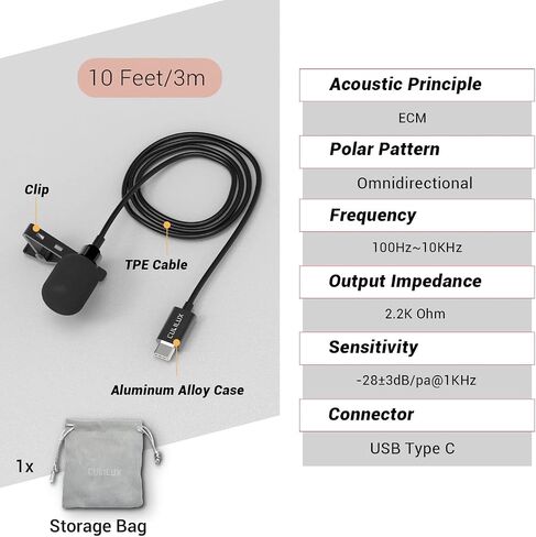 Cubilux USB C Microphone, Type C Lavalier MIC, External Lapel Clip MIC for iPhone 16/15 Pro Max, iPad Pro 13/12.9/11, iPad Air 13/5th/4th, Samsung S25/S24/S23/S22 Z Fold/Flip 6/5/4 Tab S10/S9/S8, 5 FT in Kuwait