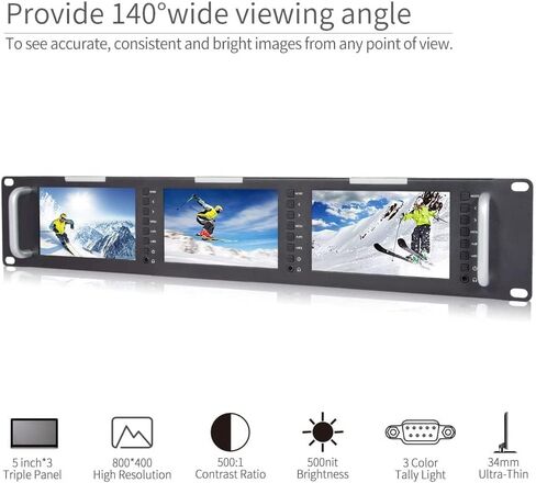 FEELWORLD T51-H Triple 5 inch 2 RU Rack Mount Monitor 800×480 Broadcast LCD Monitor with HDMI AV Input and Output in Saudi Arabia