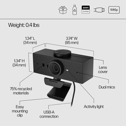 HP 620 FHD Webcam - 1080p 30 FPS - Focus & Color, Backlight Correction - Dual Noise-Reducing Mics - Adjustable Swivel/Tilt - Windows Hello, Zoom Certified, & Privacy Cover (6Y7L2AA#ABL) in Saudi Arabia