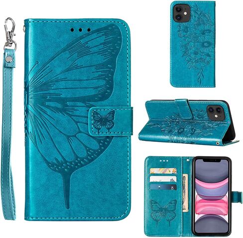 Case for iPhone 11 Wallet,Card Holder [Kickstand][Wrist Strap] Butterfly Floral Embossed for Women PU Leather Flip Protective Cover for iPhone 11 Cases 2021 (Black) in Kuwait