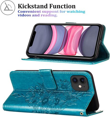 Case for iPhone 11 Wallet,Card Holder [Kickstand][Wrist Strap] Butterfly Floral Embossed for Women PU Leather Flip Protective Cover for iPhone 11 Cases 2021 (Black) in Kuwait