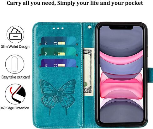 Case for iPhone 11 Wallet,Card Holder [Kickstand][Wrist Strap] Butterfly Floral Embossed for Women PU Leather Flip Protective Cover for iPhone 11 Cases 2021 (Black) in Kuwait