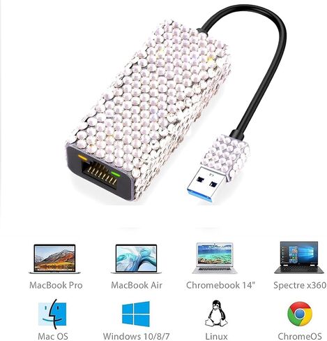 USB 3.0 to Gigabit Ethernet Adapter Bling Bling Rhinestone Diamond- 10/100/1000 NIC Network Converter USB A to RJ45 LAN Adapter in Kuwait
